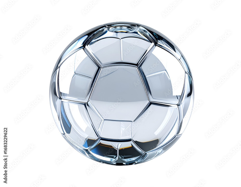 Fototapeta premium Shining Soccer Ball: A close-up shot of a clean, glass-like soccer ball displaying its geometrical structure, with light playfully refracting across its surface.