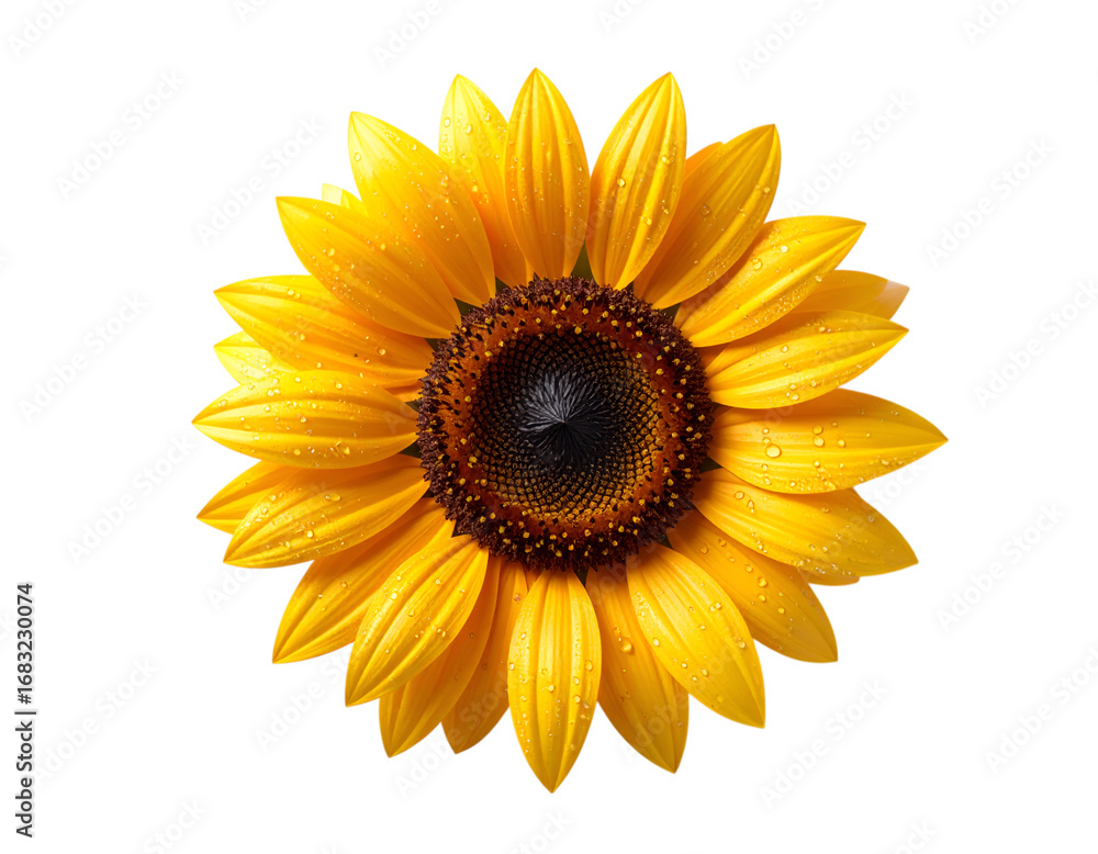 Fototapeta premium Sunflower in Bloom: A vibrant sunflower, radiating with cheerful yellow petals and a dark, intricate center, stands as a symbol of summer's golden essence.