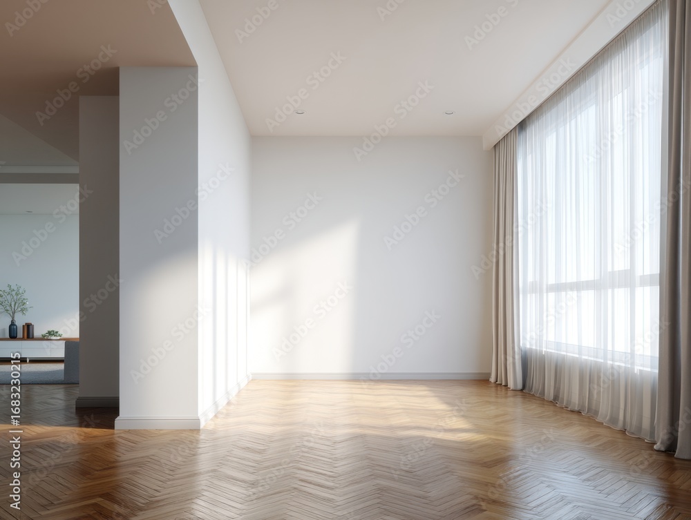 Fototapeta premium A large room with a white wall and wooden floors