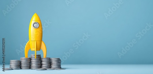 Rocket launching from a stack of coins on a light blue background