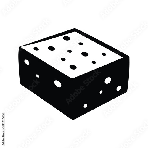 Monochrome rendering of a porous cube with variable sized holes in three sides, tofu block silhouette vector illustration