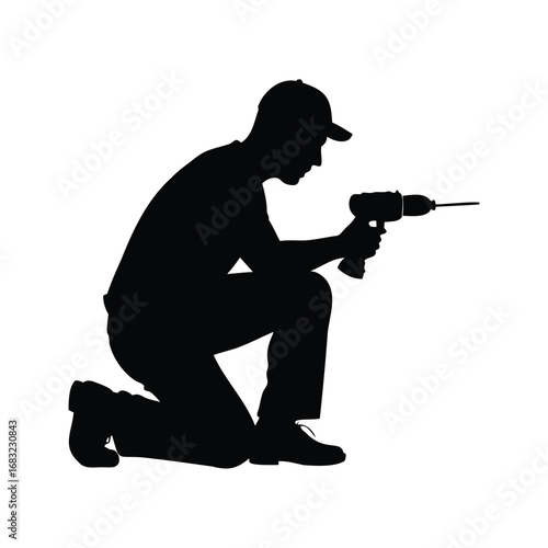 Silhouette of a construction worker using a cordless power drill on his knees, using screwdriver silhouette vector illustration