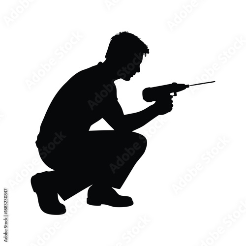 Silhouette of a man kneeling and using a power drill tool precisely, using screwdriver silhouette vector illustration