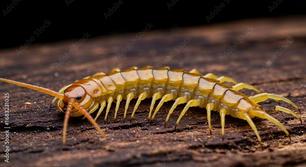 Fototapeta premium Yellow Centipede on Wood - Detailed Myriapod Macro