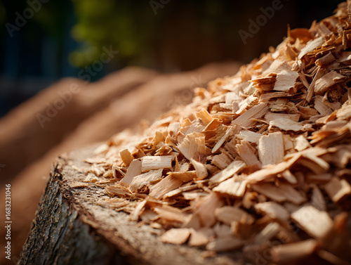 Wood Chips Pile, Golden Tan Color on Tree Stump, Outdoor Natural Scene