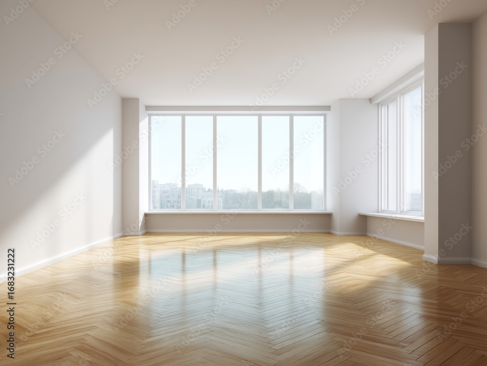 Fototapeta premium A large empty room with a window and a bench