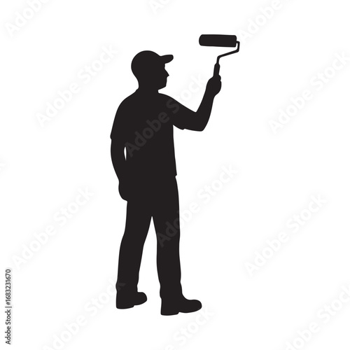Silhouette of a Man Painting with a Roller Representing Home Improvement and Construction Jobs