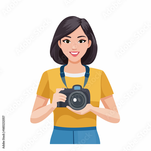 Smiling Asian woman holding a camera, ready to capture a moment, looking at the viewer.