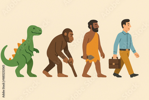 Evolution Theory Icons for Kids – Flat Vector Mini-Illustrations: Dinosaur, Human Evolution & Fossils