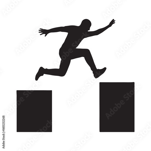 Silhouette of Man Jumping Over Obstacles Demonstrating Achievement and Success with White Background