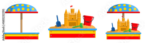 Sandpit with castle, umbrella, shovel, rake, bucket. Summer play area concept. Children's outdoor activity for fun.