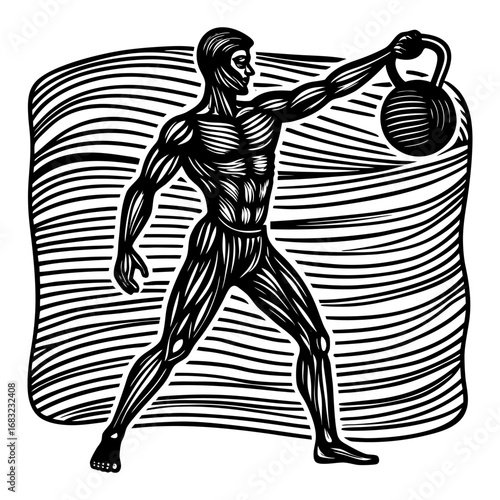 Muscular Silhouette Lifting Kettlebell � Powerful Energy and Dynamic Strength in Graphic Novel Style