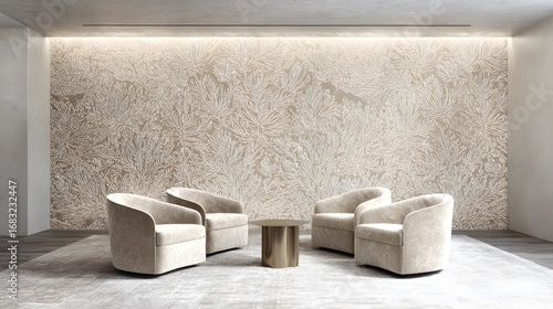 Elegant living space with botanical wall and geometric furniture, highlighting modern home aesthetics and texture.