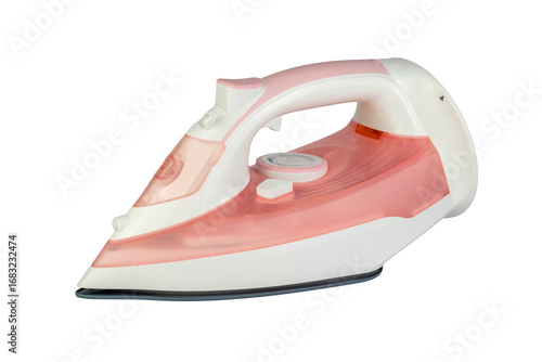 A detailed studio shot of a modern pink and white cordless steam iron, isolated on a transparent background