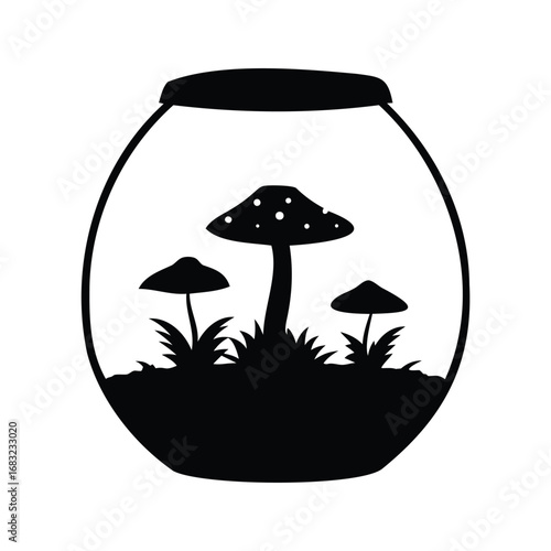A Monochrome Mushroom Terrarium Silhouette with Fungi and Grass in Black, mushroom terrarium scene silhouette vector illustration