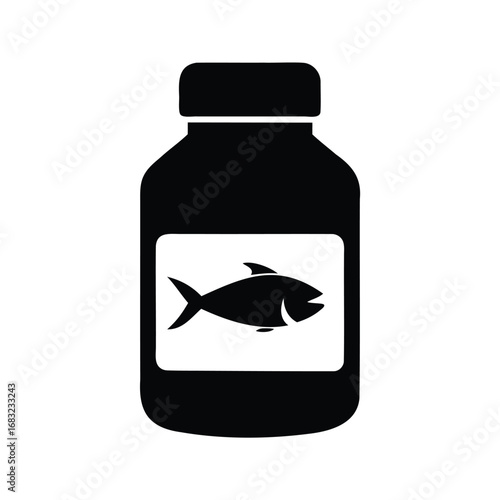 Black and white vector illustration of a bottle of fish oil supplements, omega 3 fish oil bottle silhouette vector illustration