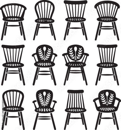 collection, of, ornate, country-style, armchairs, and, dining, chairs, with, carved, spindle, backs, for, rustic, home, decor, vector