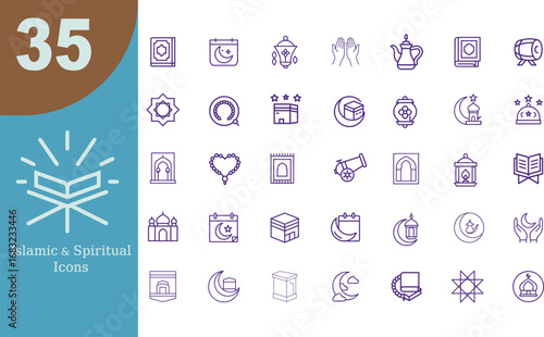 A comprehensive collection of thirty five islamic and spiritual symbols and icons designed for various creative and informational applications