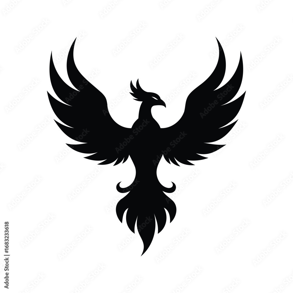 Fototapeta premium Stylized Black Phoenix Rising with Powerful Wings Ready to Soar Again, phoenix wings rising silhouette vector illustration