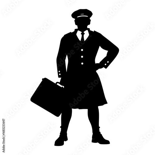 Elegant chauffeur silhouette with briefcase in twilight cityscape, timeless luxury service with professionalism and style