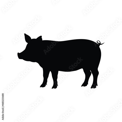 Silhouette of a pig standing on a white background in graphic art, pig silhouette vector illustration