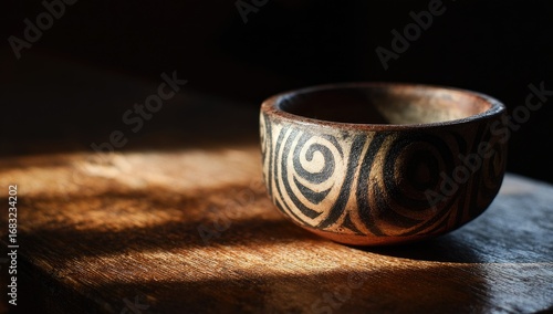 Small, ornate clay bowl on a wooden surface.  Sunlight highlights the design