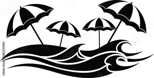 A serene beach scene with umbrellas and gentle waves, evoking a sense of relaxation and summer vacation