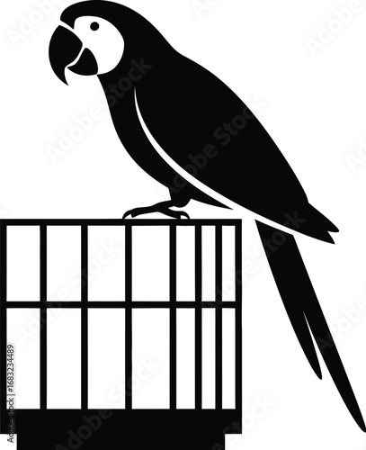 Silhouette of a parrot perched a cage, showcasing its distinctive features and tropical allure