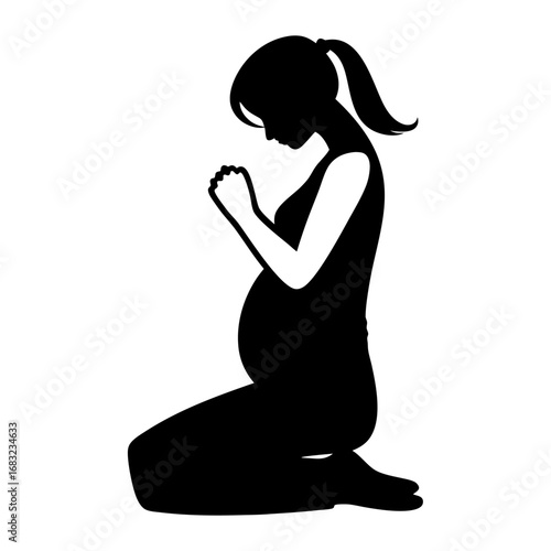 Poignant Renaissance-inspired oil painting of pregnant woman kneeling in prayer, golden light, serenity, and quiet contemplation