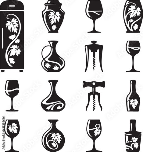 wine, cellar, and, bar, accessories, icon, set, featuring, wine, cooler, glasses, decanters, and, grapevine, motifs, vector