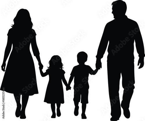 Silhouette of a happy family walking together, holding hands