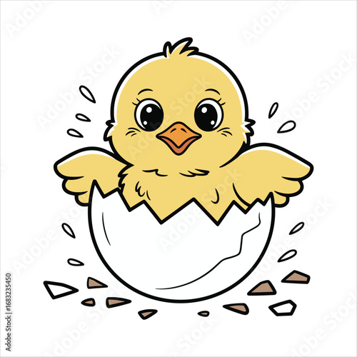 Cute Yellow Chick Hatching From Cracked Eggshell With Splatters chicken bird