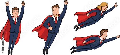 Business superheroes flying, male and female cartoon characters in suits with red capes, success, leadership, power, confidence, motivation, teamwork, achievement.