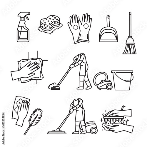 14 House Cleaning Icons Bundle | Black and White Home Cleaning Icon Collection, Vector Designs