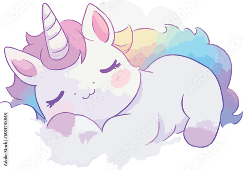 Adorable sleeping unicorn with rainbow mane and horn resting peacefully on clouds