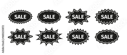 Black starburst sale stickers. Circle splash badges. Product price tag labels. Callout star shapes. Discount promo boxes, stamps. Set of star bursts isolated on white background. Vector illustration