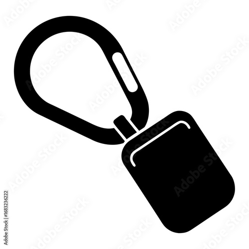 Futuristic titanium carabiner with holographic device suspended in cosmic nebula sci-fi technology weightless design exploration