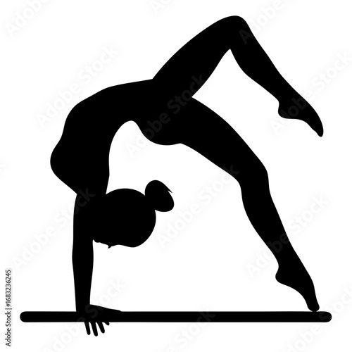 Vibrant silhouette gymnast backbend on balance beam with neon colors dynamic surreal atmosphere energy grace and artistry