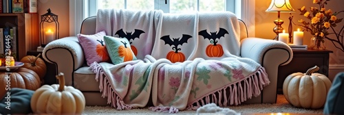 Cozy halloween-themed living room decor with pumpkins and bat cushions