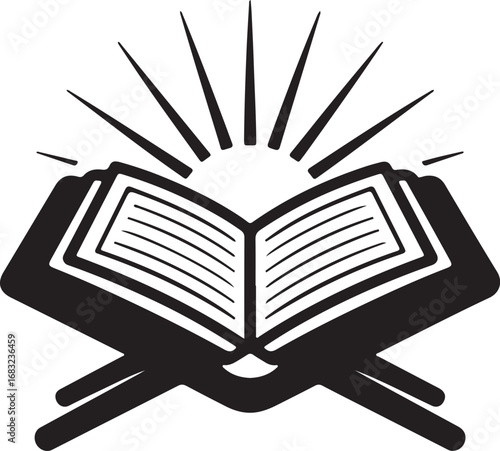 Open Quran book illuminated by divine light, a symbol of faith and knowledge. This is a stylized, black and white graphic of an open Quran, positioned on a stand, with radiating light emanating from a