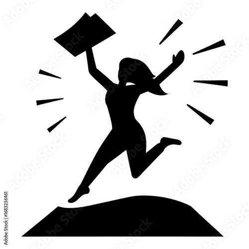 Triumphant businesswoman leaps atop paperwork in golden light, comic-style celebration of success, growth, and momentum