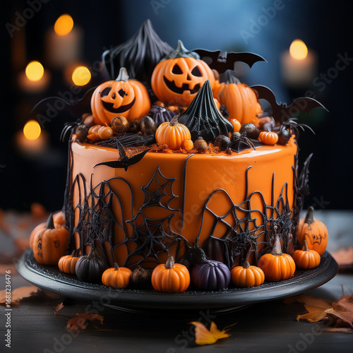 Halloween cake decorated with pumpkins and spiders