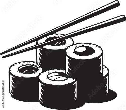 Hand-drawn Sushi Rolls with Chopsticks A stylized, black and white illustration of sushi rolls stacked on top of each other, with chopsticks resting on top.