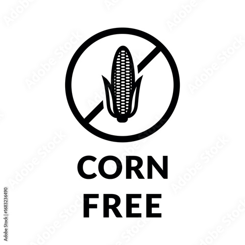 Corn Free Vector Flat Food Icon Design on White Background. Allergen Free Symbol in Circle Prohibition Sign. Organic Food Allergen Free Label with Vegetable for Web, Packaging.	