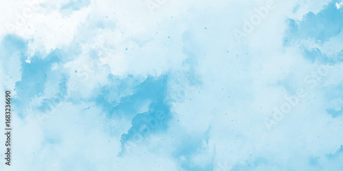 Blue sky with white clouds Abstract nature background of romantic summer. Sunny sky blue light watercolor aquarelle painting brush effect. Fantastic fuzzy and puffy blue sky for design.	