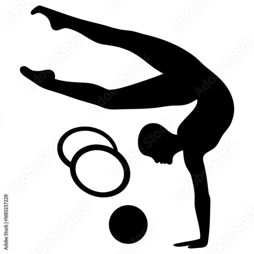 Graceful gymnast balances mid-handstand with rings and ball floating nearby in minimalist arena, hyperreal artistry of movement