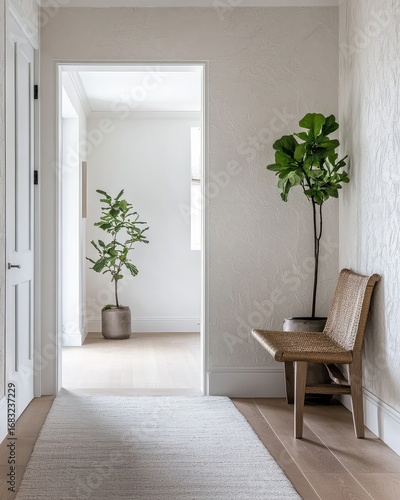 A hallway with a plant in a pot