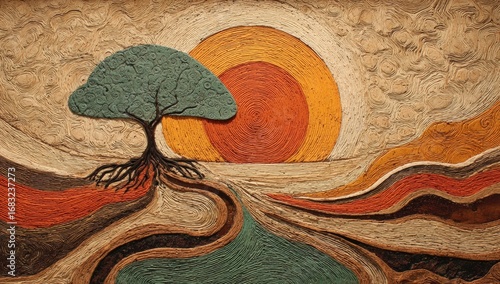 Abstract landscape, sun, tree
