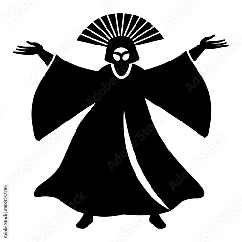 Alien priestess in grand temple with glowing headdress and geometric robes, cosmic Art Deco mysticism and celestial mystery