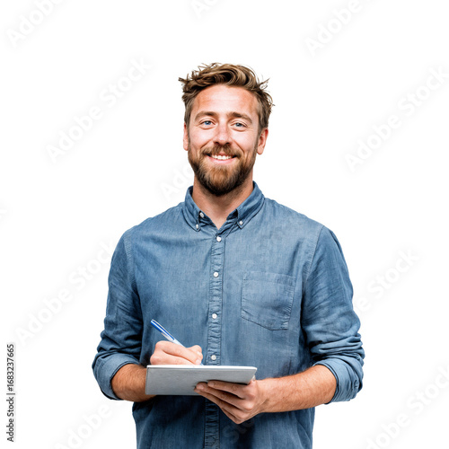 Smiling bearded man, clipboard, isolated cutout, transparent background PNG mockup, business professional, checklist, casual denim shirt, friendly customer service